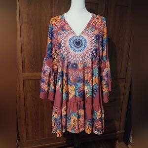 Umgee Boho Vibrant Bell Sleeve Mini Dress Sz M